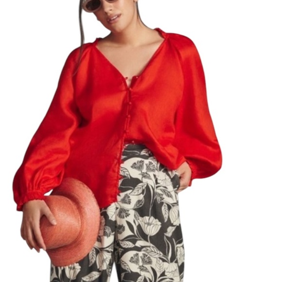 Anthropologie Maeve The Audie Linen Puff Sleeve Obersized Blouse in Red - Picture 1 of 7